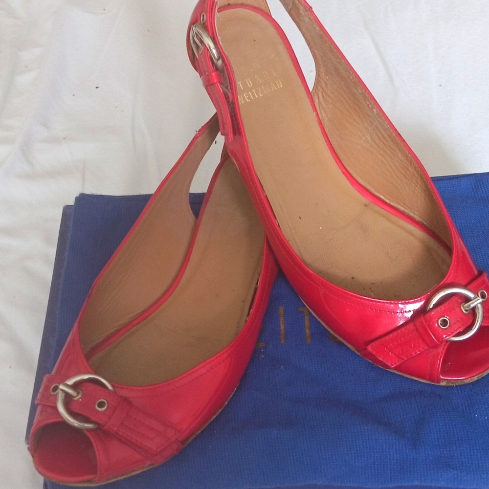Stuart Weitzman red peeptoe flat.5.5,patent leather